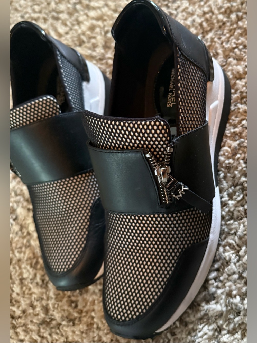 Michael Kors Black and White Mesh Slip-On Loafers